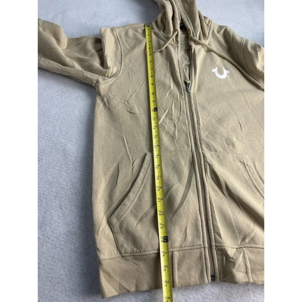 True Religion Hoodie Mens Small Beige Full Zip Fleece Buddha Graphic Sweatshirt